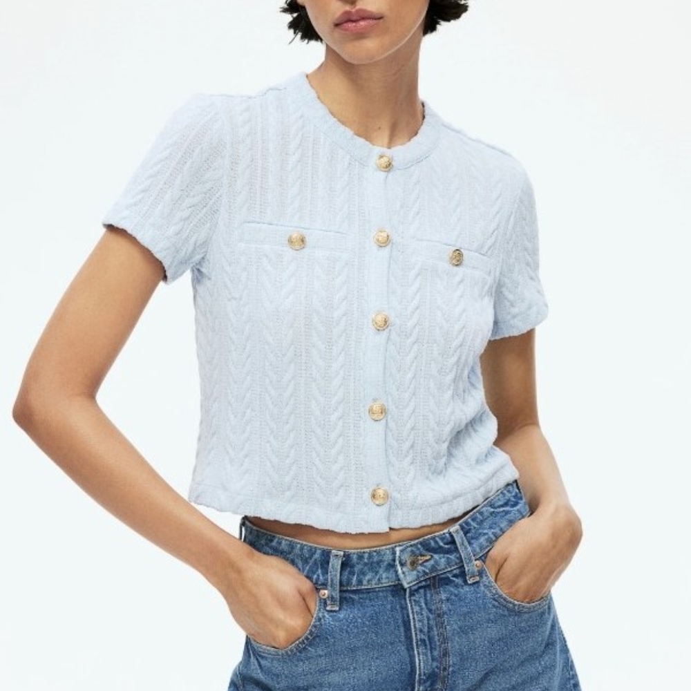 H&M Sky Blue Gold Button Knit Top